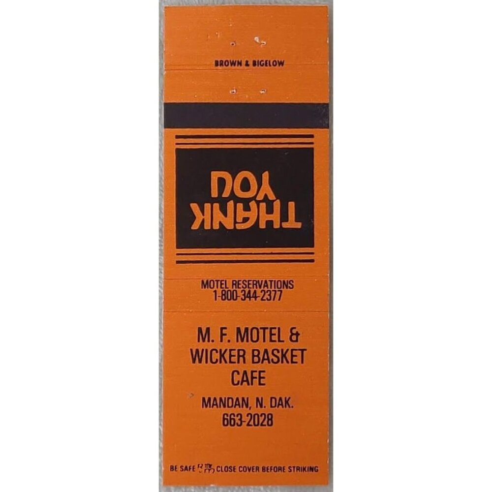 Vtg Matchbook Cover MF Motel Wicker Basket Cafe Mandan ND North Dakota Orange
